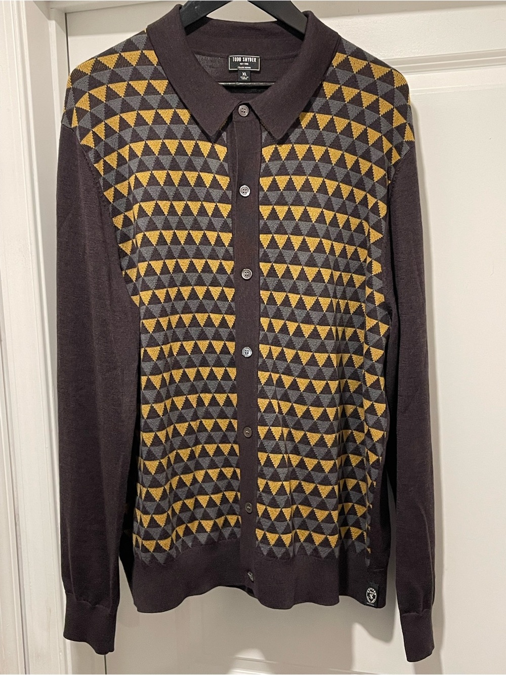 TODD SNYDER Button Down Sweater Polo Merino Wool Brown Gold Cardigan Size XL